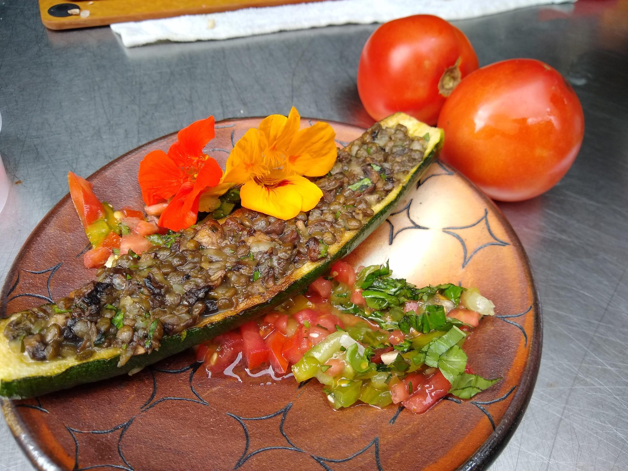 Mushroom & Lentil Stuffed Zucchini with Tomato Coulis - Mill City Farmers Market