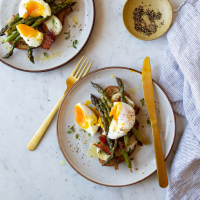 Bacon, Poached Egg, Asparagus and Morcella Toast