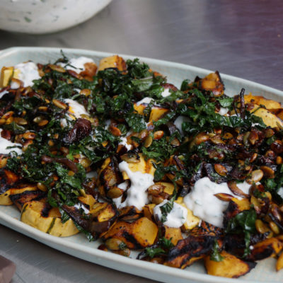 roasted delicata squash with spiced yogurt sauce